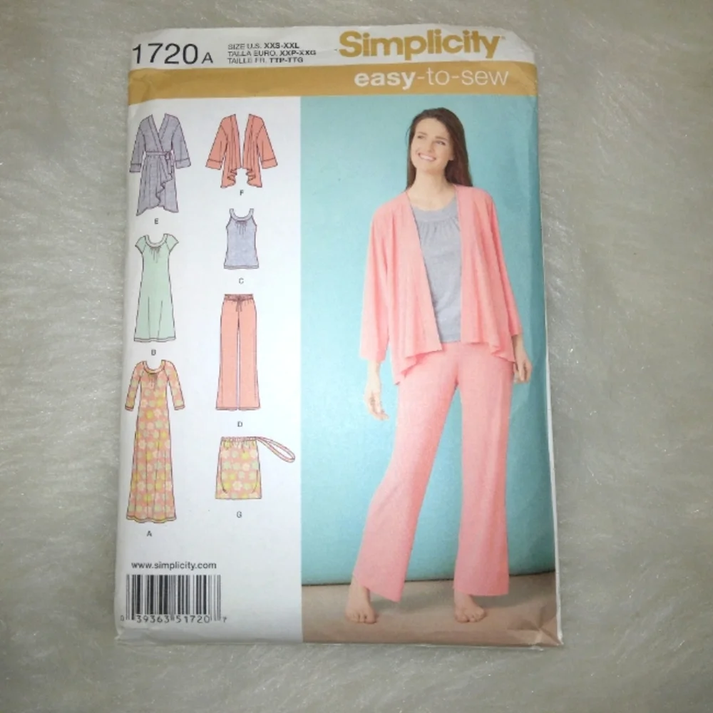 SIMPLICITY 1720 Sz XXS-XXL Easy-to-Sew Misses Knit Nightgown Robe Top Pants Sash